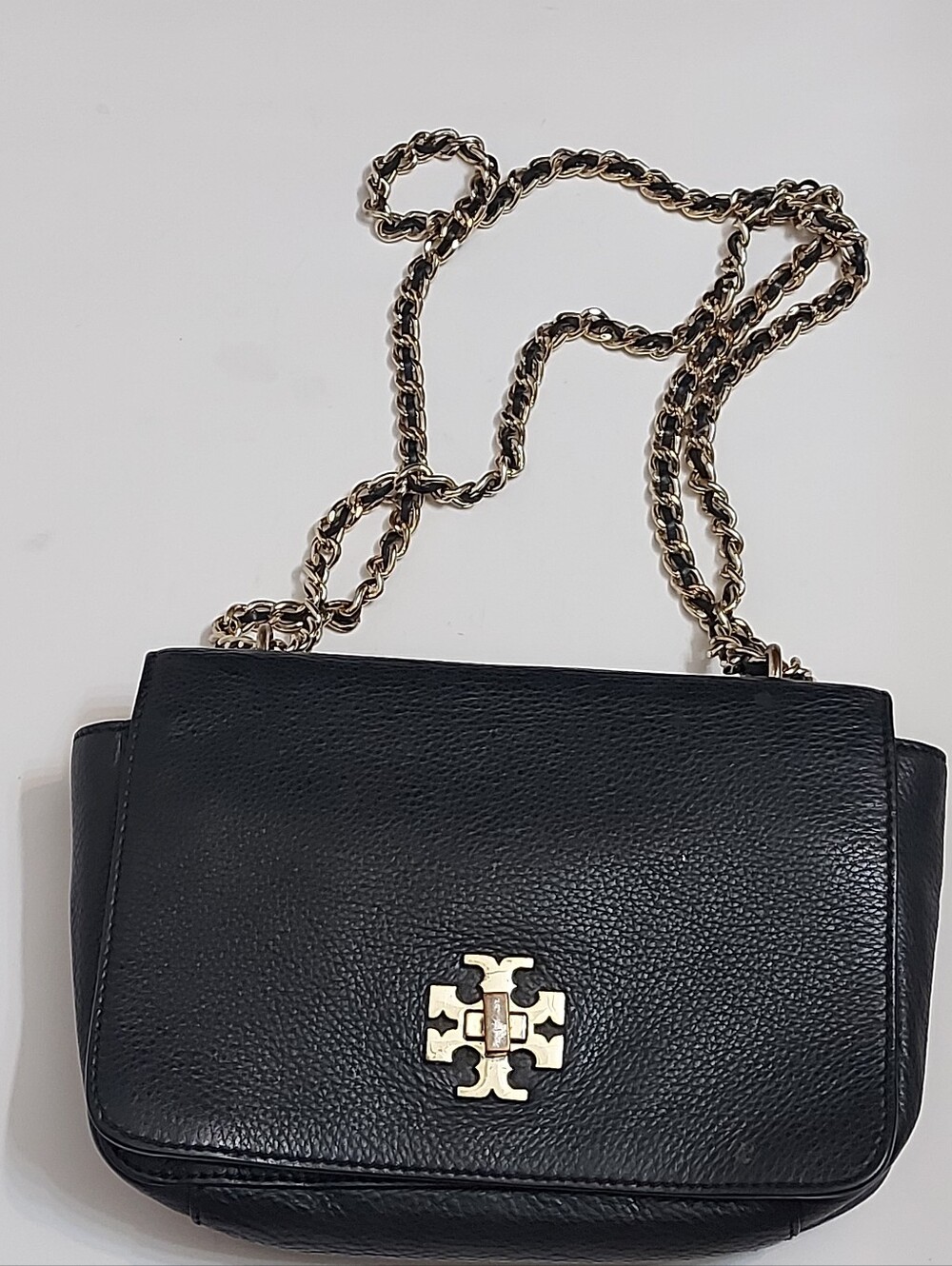 Tory Burch Black Miller Pebbled Leather Crossbody with Gold Chain